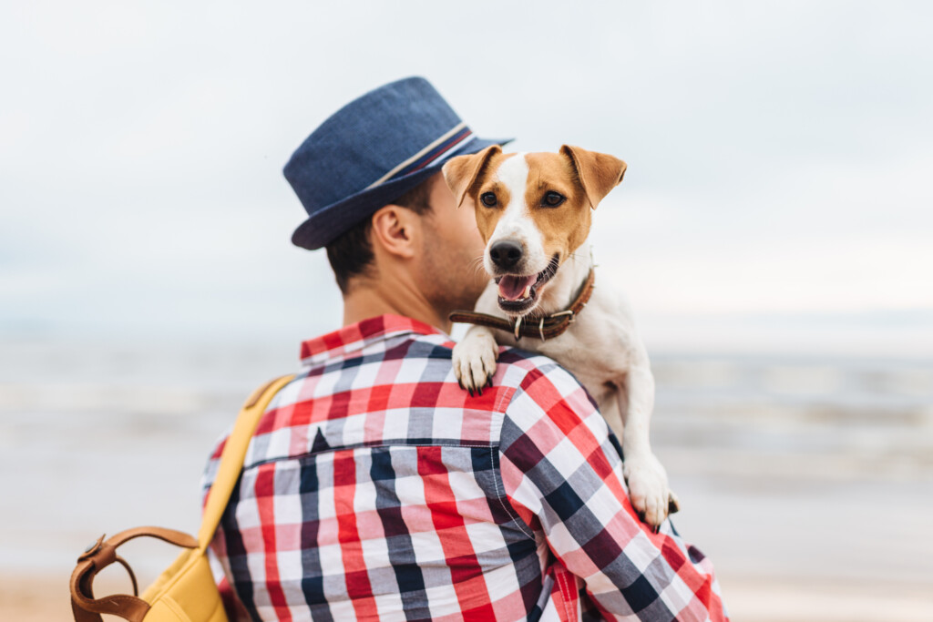 Small beautiful dog on owner`s hands. Stylish young male model dressed in fashionable clothes carries his pet and bag, stand at seashore, come to admire wonderful landscapes and breath fresh air to illustrate Life First, Work Second – Today’s Veterinary Business